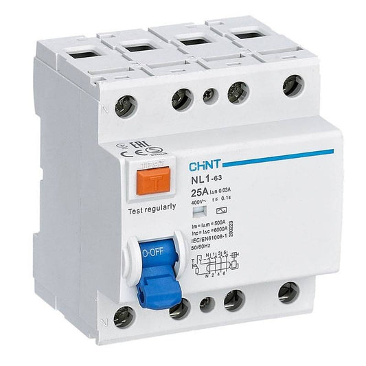 Interruptor Diferencial CHINT NL1 4P 25A 30mA Tipo A con Doble Barra de Conexión – Código 070242504CH