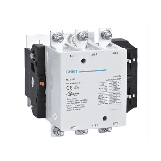 Contactor CHINT NC2-265 – 265 A, 3 polos (3NO), 132 kW (AC-3/380 V), bobina 220 V AC