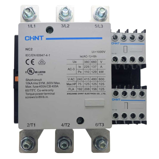 Contactor CHINT NC2-185 – 185 A, 3 polos (3NO), 90 kW (AC-3/380 V), bobina 220 V AC