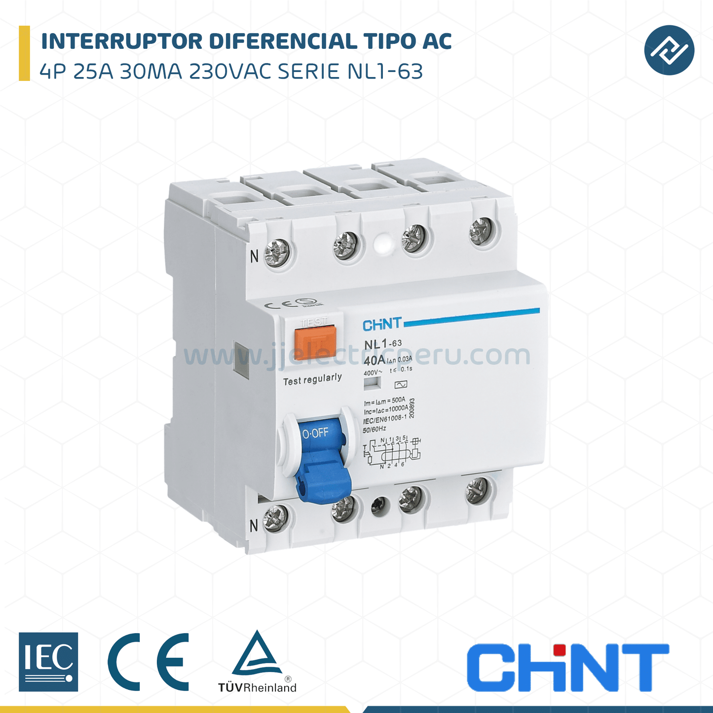 Interruptor Diferencial CHINT NL1 4P 25A 30mA Tipo A con Doble Barra de Conexión – Código 070242504CH