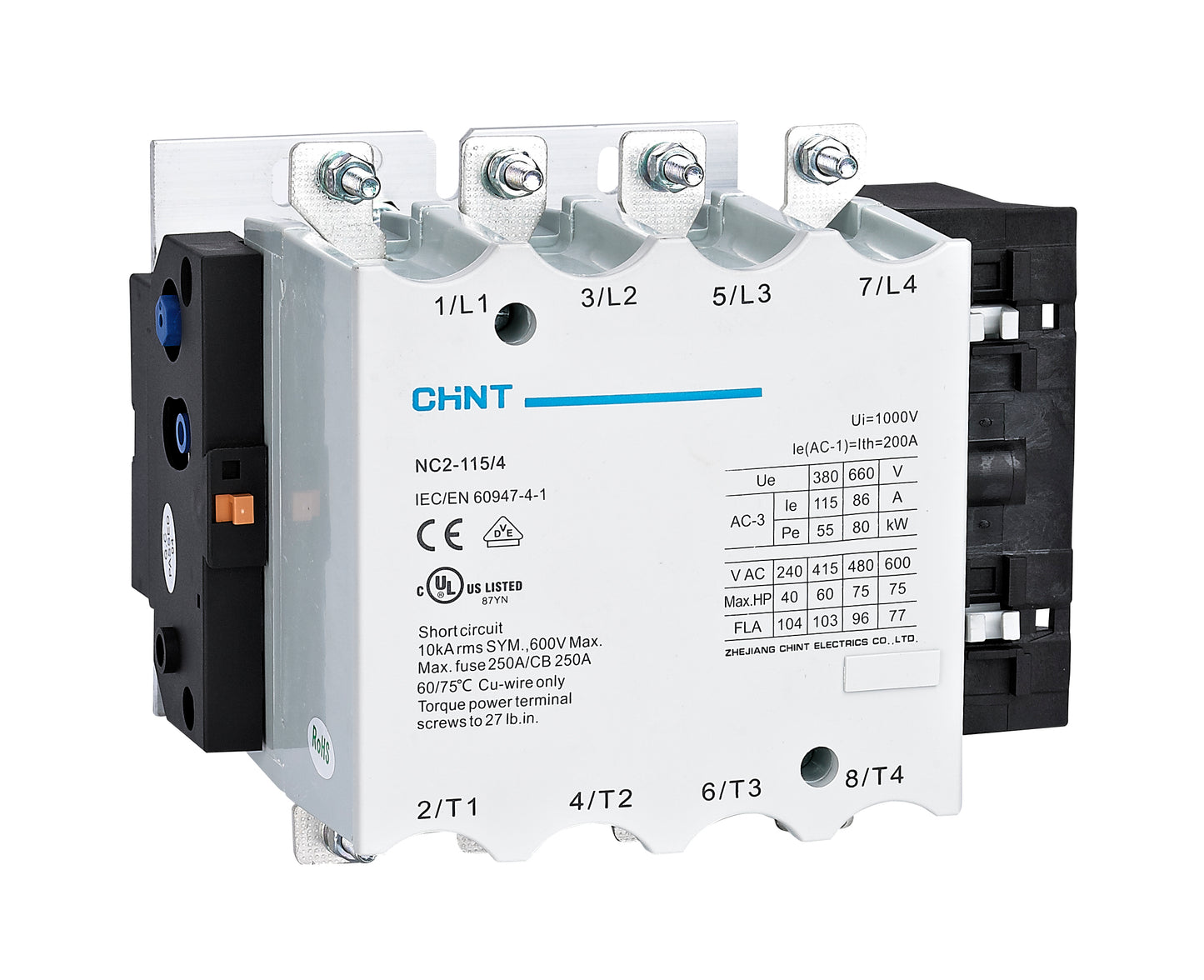 Contactor CHINT NC2-630/4 – 630 A, 4 polos (4NO), 335 kW (AC-3/380 V), bobina 220 V AC