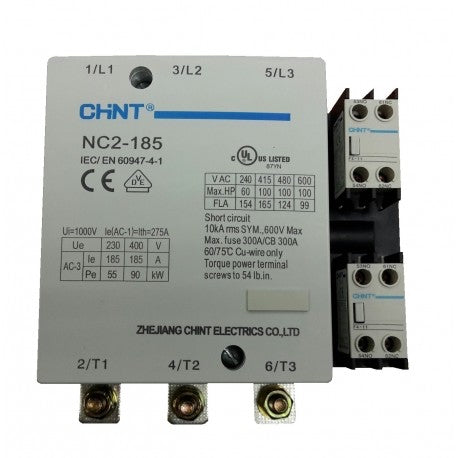 Contactor CHINT NC2-185 – 185 A, 3 polos (3NO), 90 kW (AC-3/380 V), bobina 220 V AC