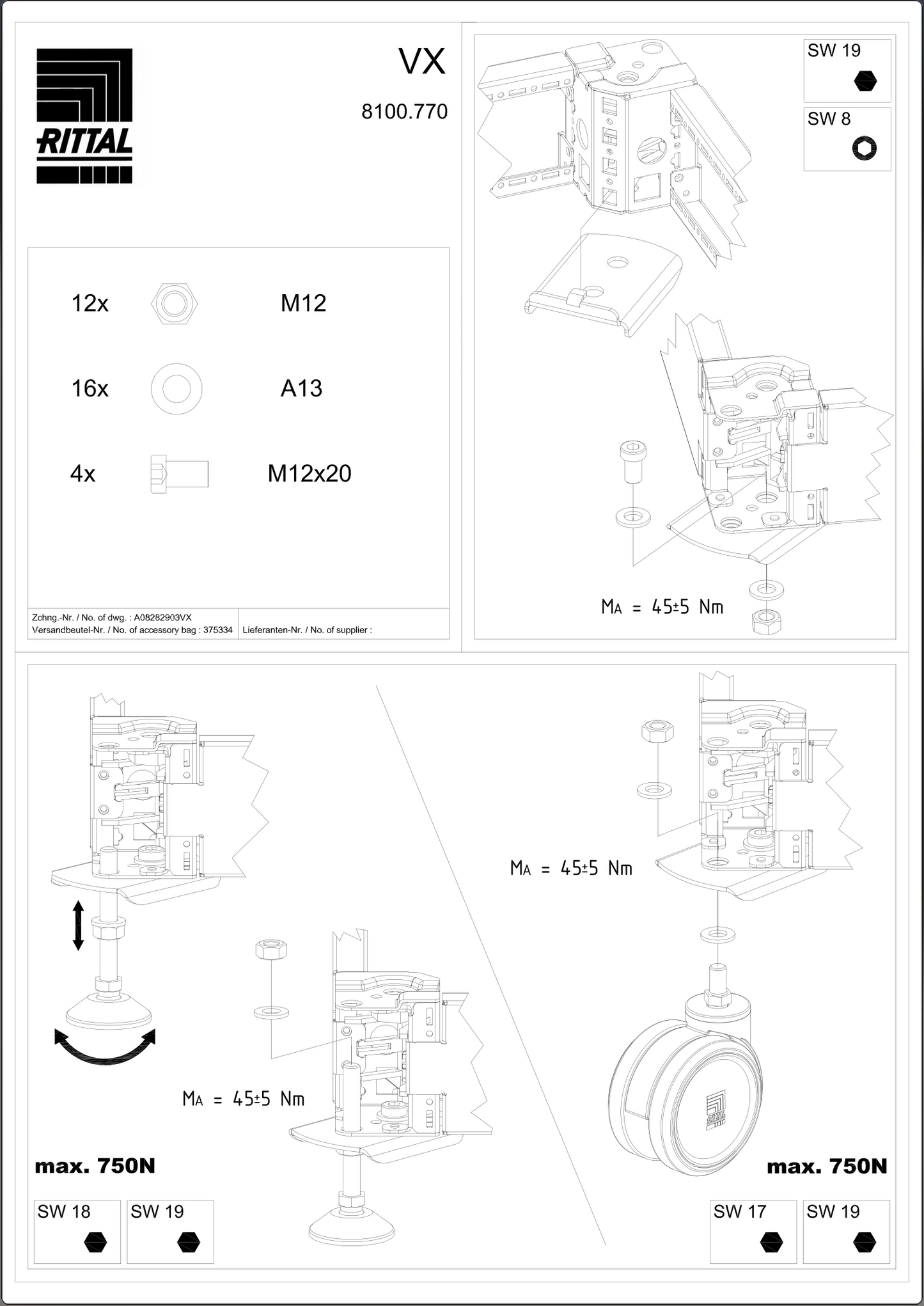 8100770 Adaptador de zócalo para ruedas dobles y pies de nivelación