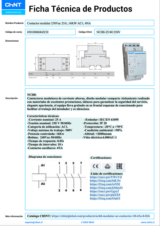 Contactor modular 230Vac 25A, 16KW AC1, 4NA - NCH8 - 03010006842CH