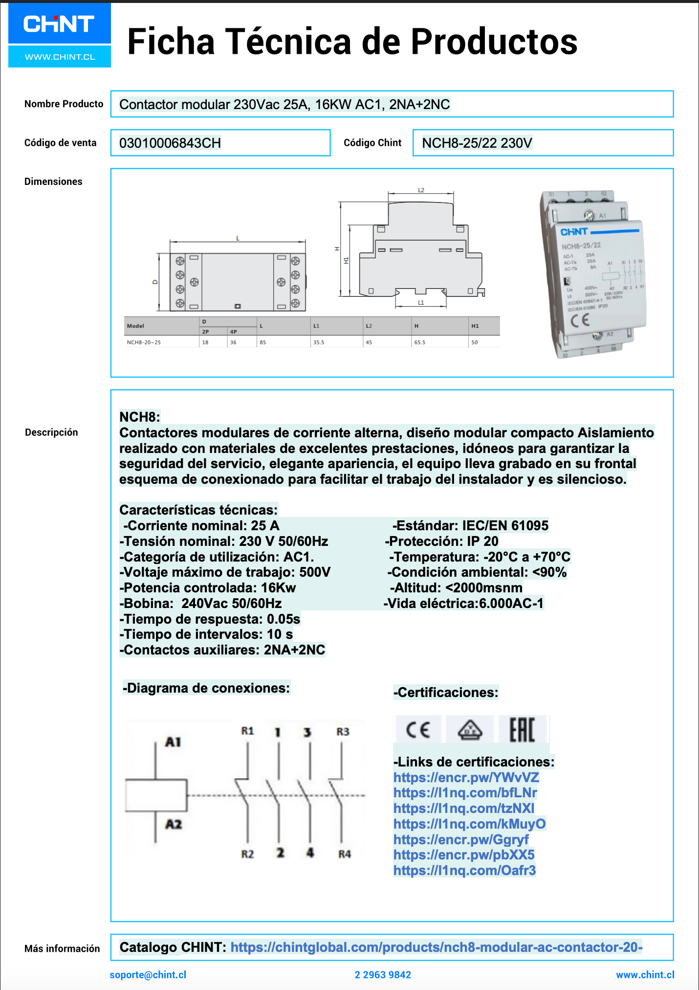 Contactor modular 230Vac 25A, 16KW AC1, 2NA más 2NC - 03010006843CH