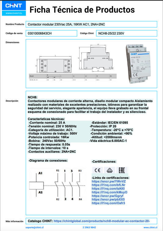 Contactor modular 230Vac 25A, 16KW AC1, 2NA más 2NC - 03010006843CH