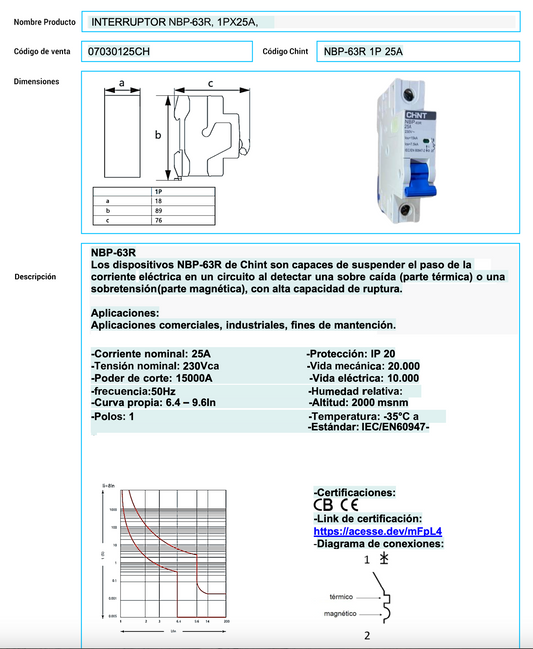 Interruptor Termomagnético CHINT 1P 20A 15kA Curva C – Código 07030120CH