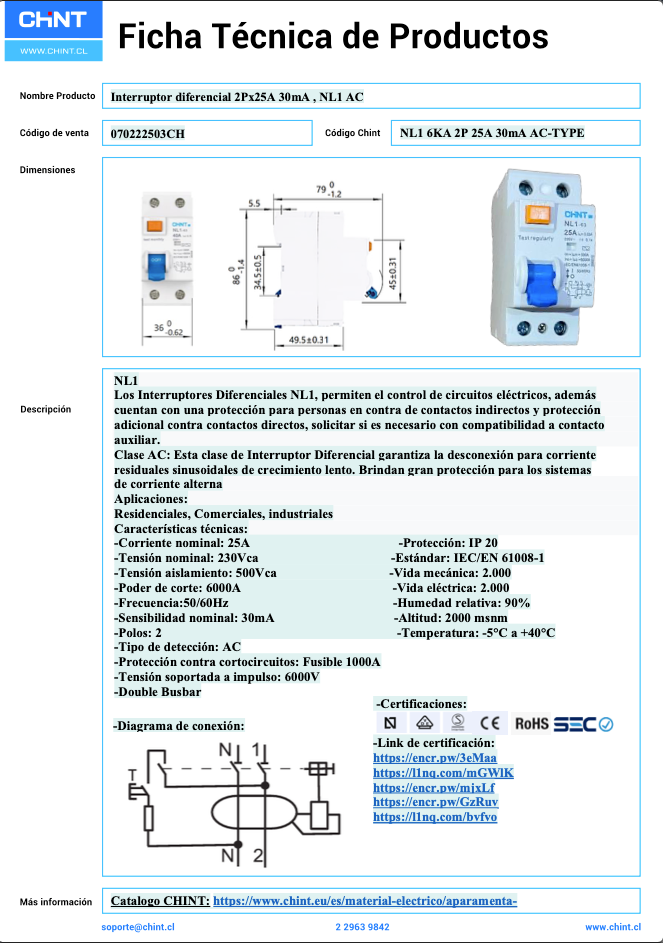 Interruptor Diferencial CHINT NL1 2P 25A 30mA Tipo AC – Código 070222503CH