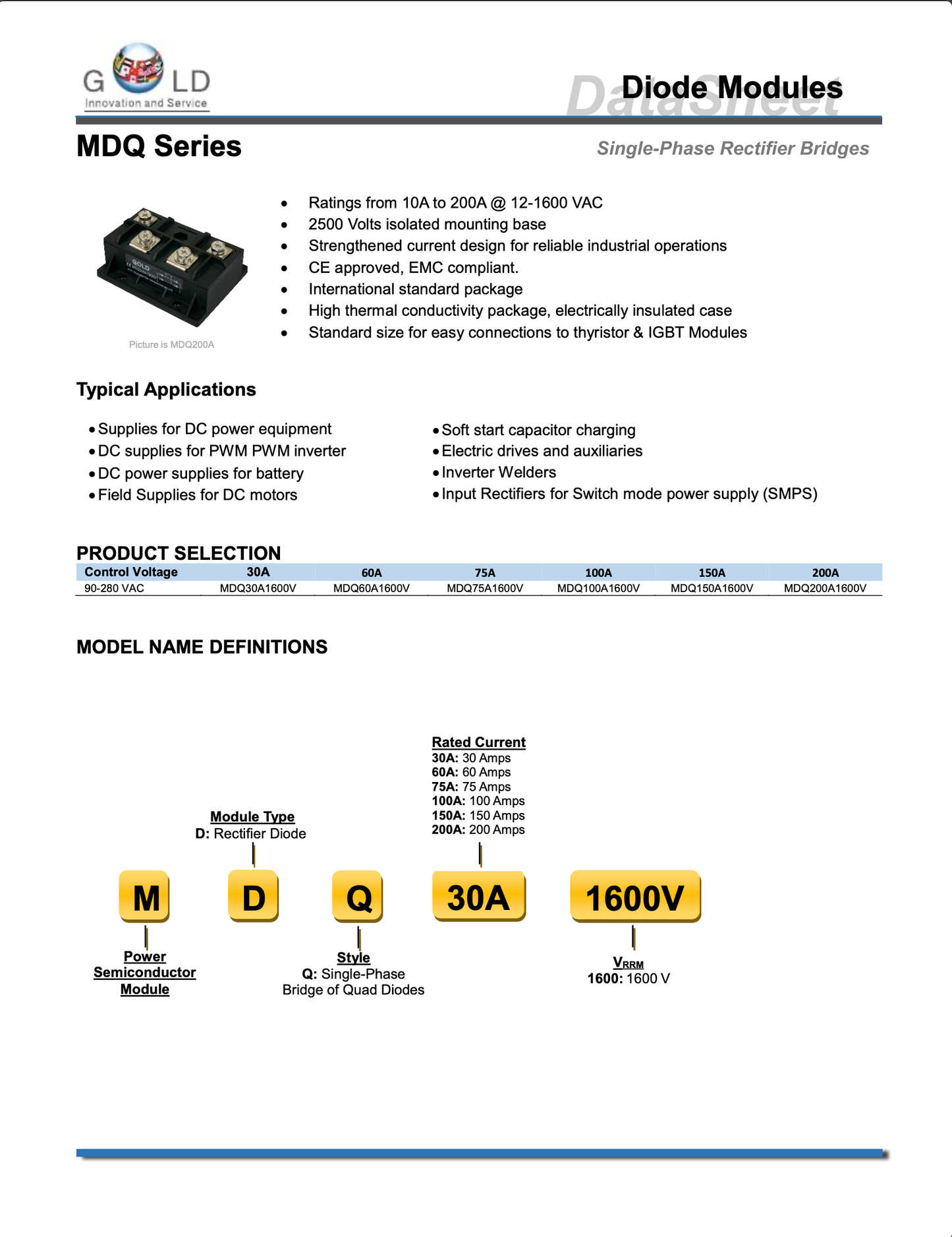 Pack de 2 Módulos Puente Rectificador Monofásico 1 Pieza Tipo A MDQ75A1600V