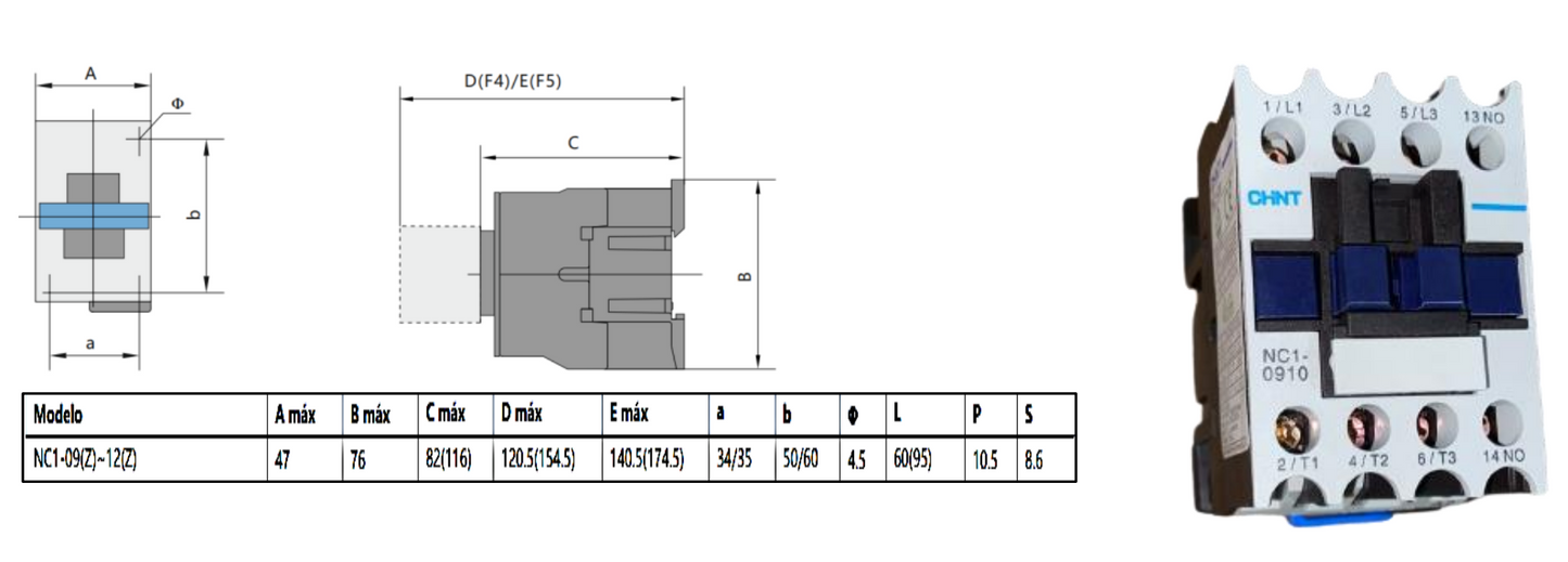 Contactor NC1, 9A, 3P más 1NA, 4KW (AC3/380V) control 24 Vac 03010098110CH