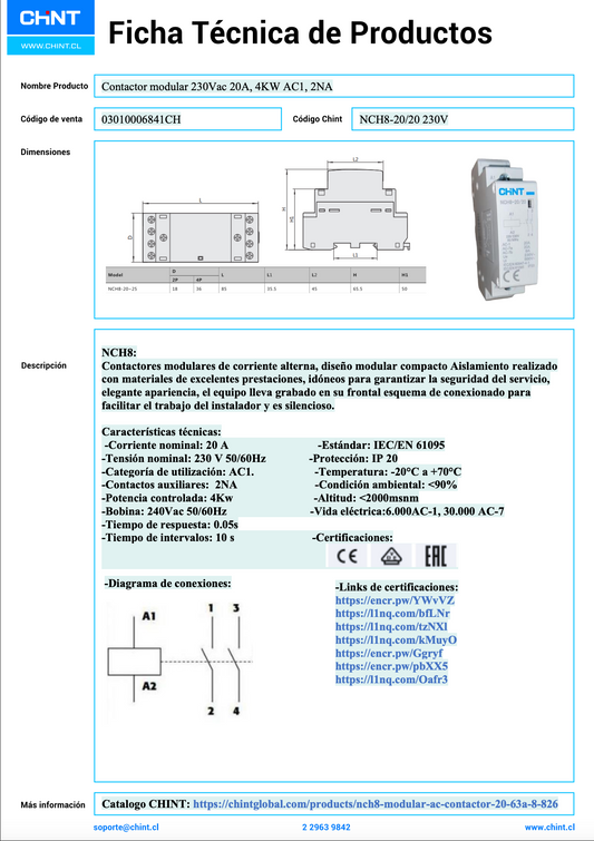 Contactor modular 230Vac 20A, 4KW AC1, 2NA - NCH8 03010006841CH