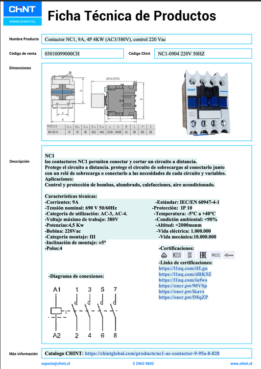 Contactor NC1, 9A, 4P; 4KW (AC3/380V), control 220 Vac - 03010099000CH