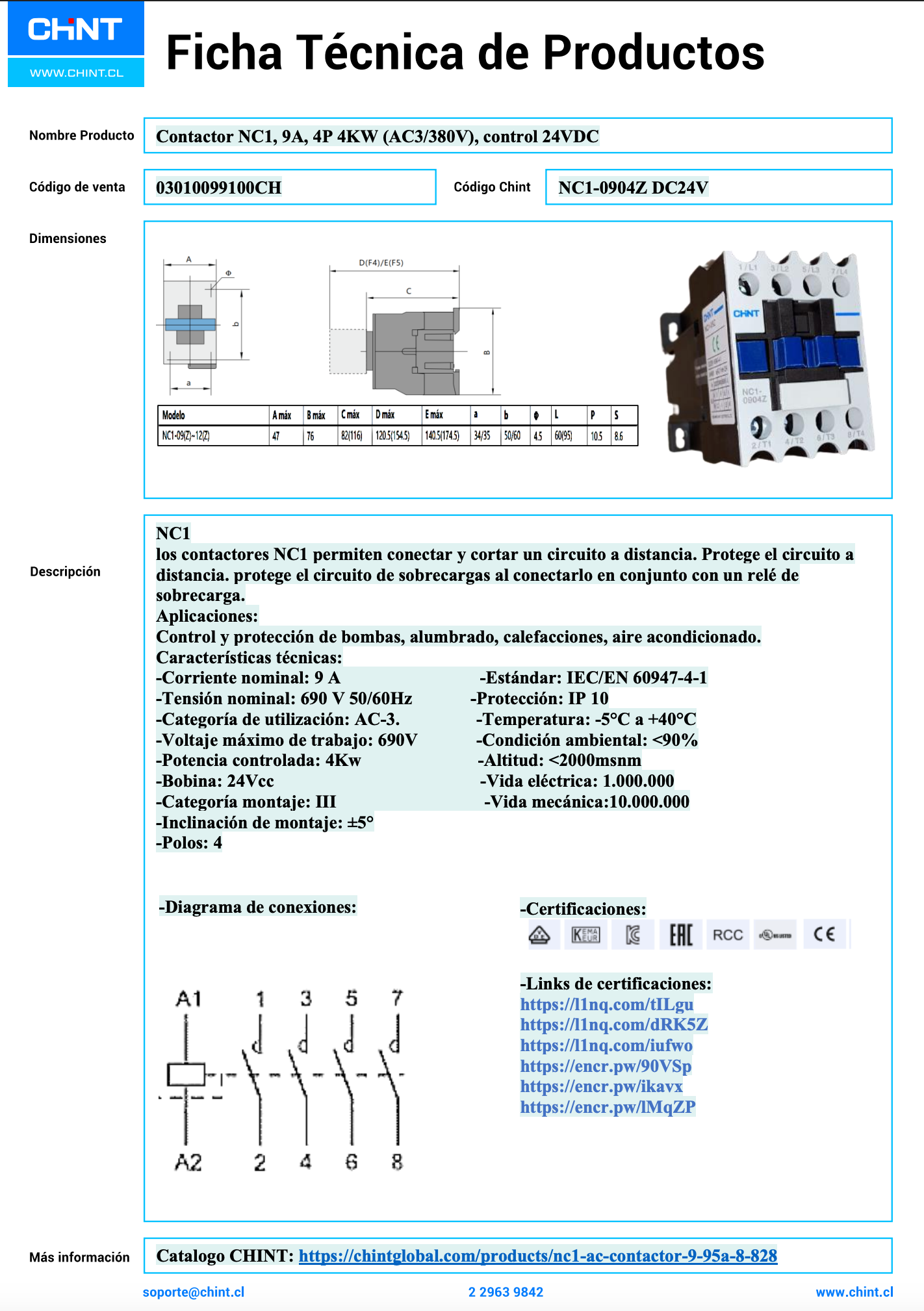 Contactor NC1, 9A, 4P, 4KW (AC3/380V), control 24VDC