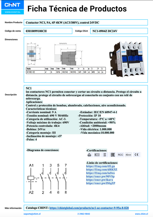 Contactor NC1, 9A, 4P, 4KW (AC3/380V), control 24VDC
