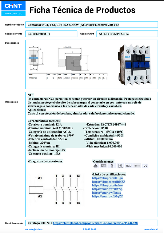 Contactor NC1, 12A, 3P+1NA; 5.5KW (AC3/380V), control 220 Vac - 03010128010CH