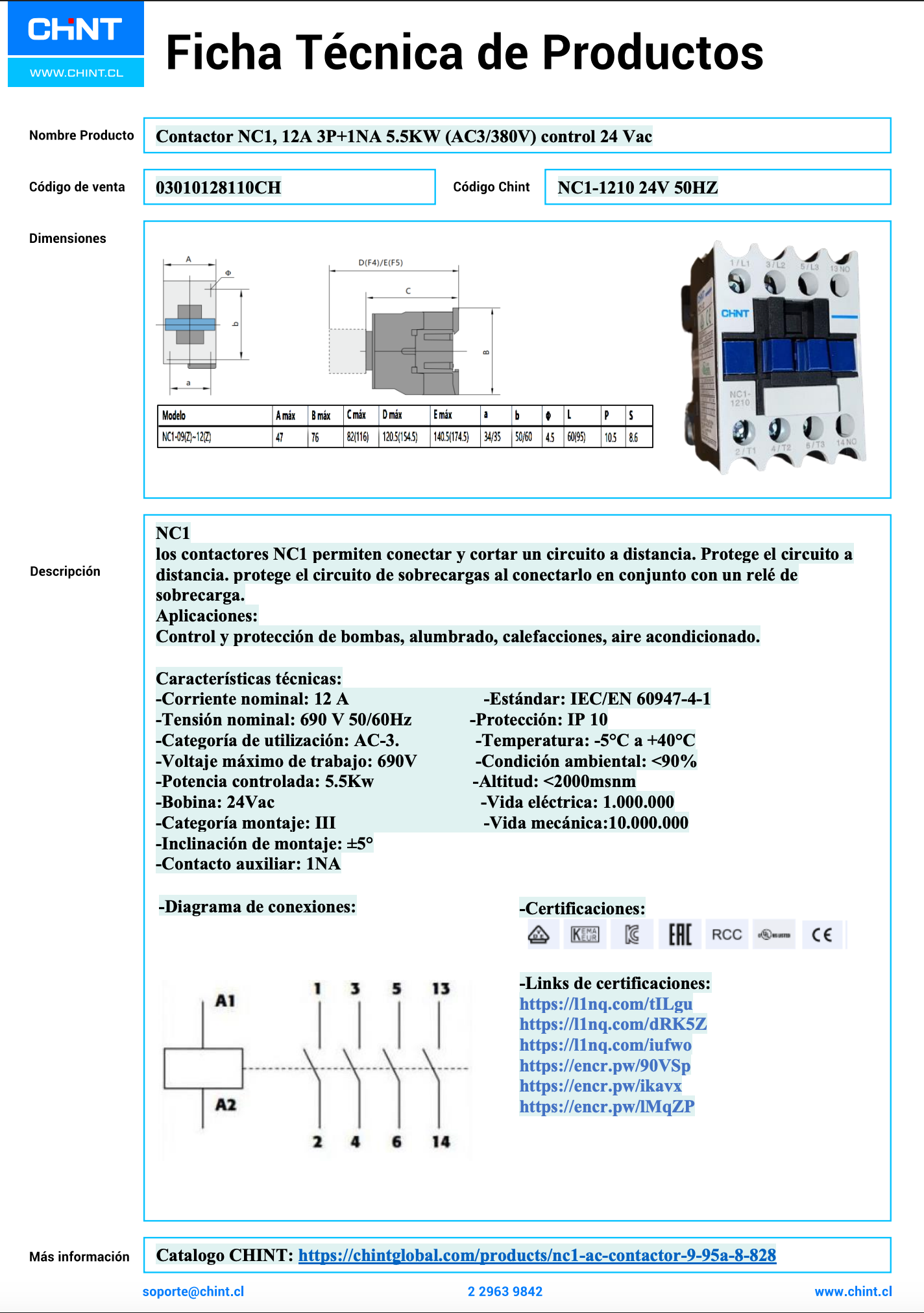 Contactor NC1, 12A, 3P+1NA; 5.5KW (AC3/380V), control 24 Vac - 03010128110CH