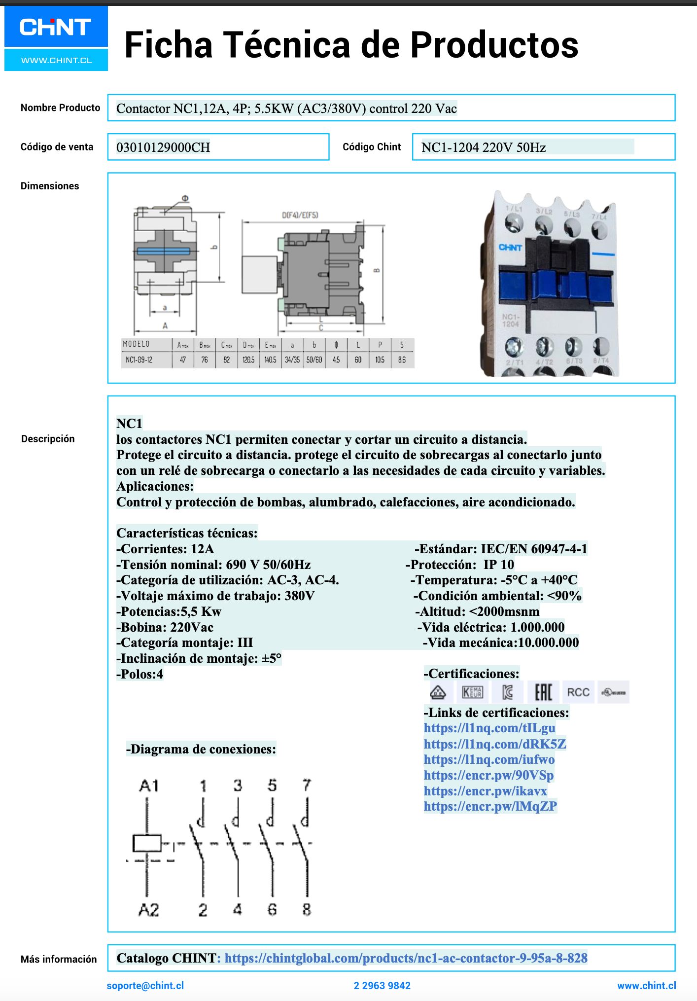 Contactor NC1, 12A, 4P; 5.5KW (AC3/380V), control 220 Vac - 03010129000CH