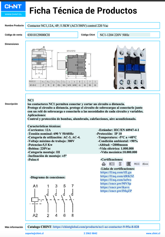 Contactor NC1, 12A, 4P; 5.5KW (AC3/380V), control 220 Vac - 03010129000CH