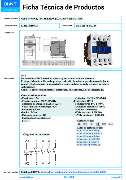 Contactor NC1, 12A, 4P; 5.5KW (AC3/380V), control 24VDC - 03010129100CH