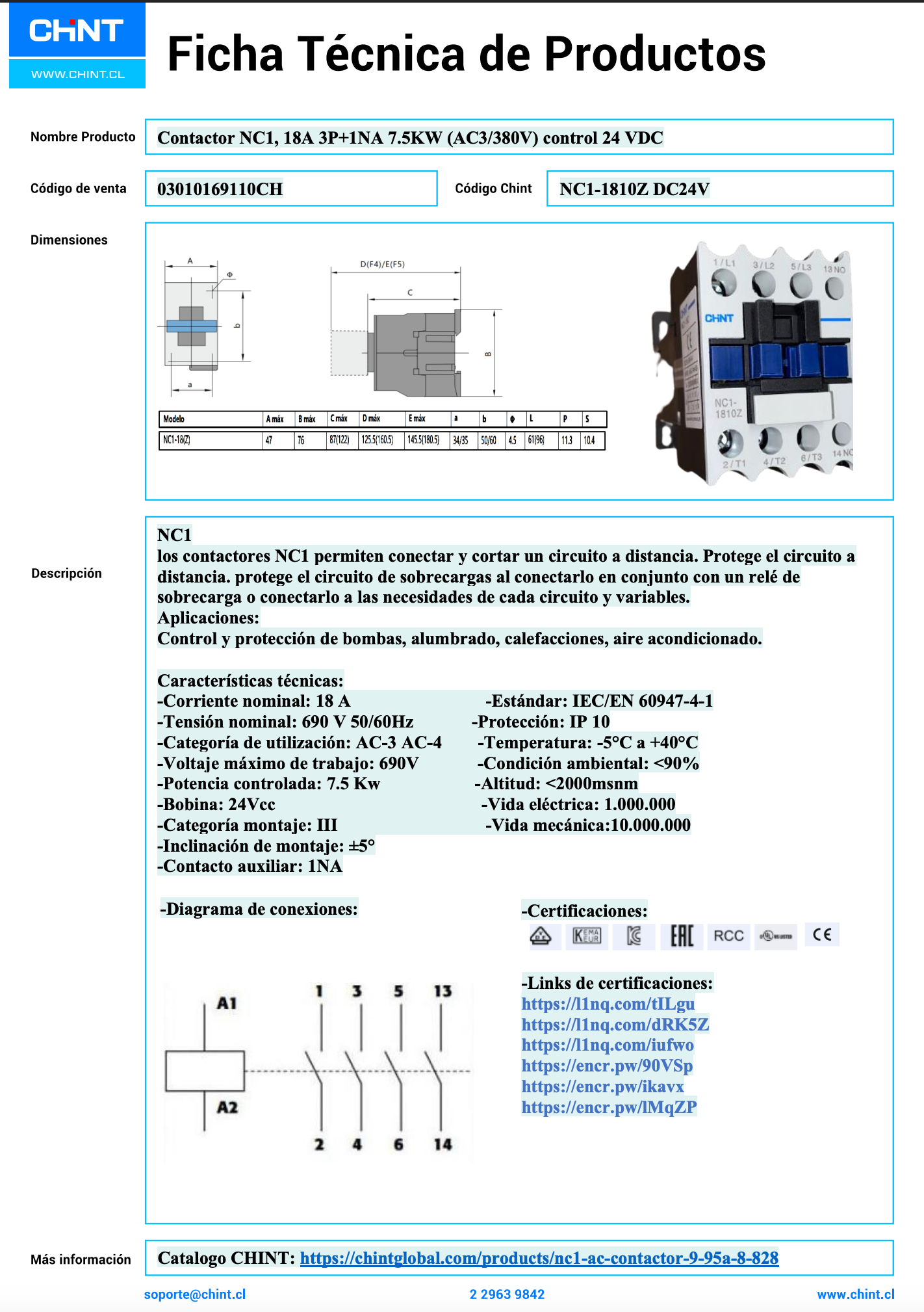 Contactor NC1, 18A, 3P+1NA; 7.5KW (AC3/380V) control 24 VDC - 03010169110CH