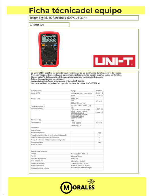 Tester digital, 15 funciones, 600V – UT-33A+ 27150151UT