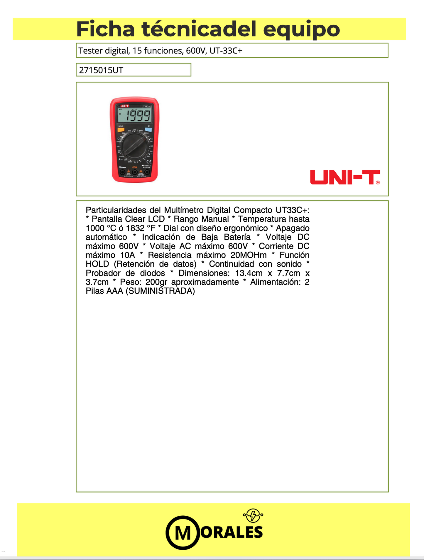 Tester digital, 15 funciones, 600V – UT-33A+ 2715015UT