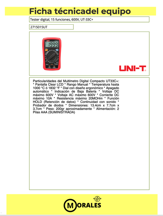 Tester digital, 15 funciones, 600V – UT-33A+ 2715015UT