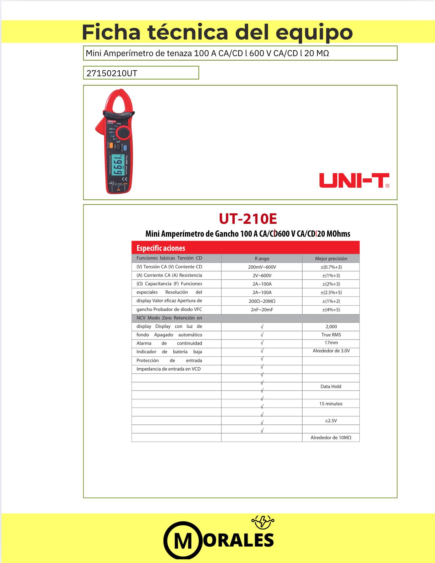 Mini Amperímetro Tenaza 100A AC/DC, 600V AC/DC – UT210E 27150210UT