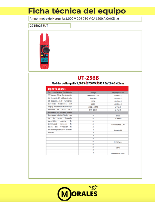 Medidor de Horquilla UT256B – 1000V DC / 750V AC / 200A AC-DC 27150256UT