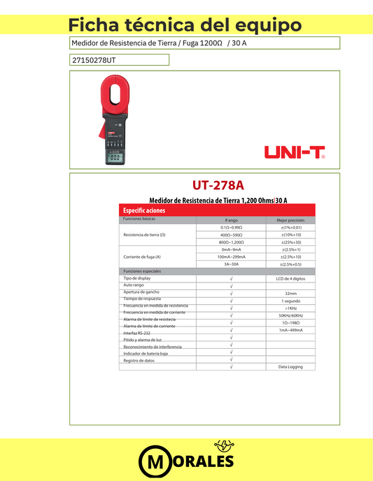 Medidor de Resistencia de Tierra / Corriente de Fuga – UT278A+ 27150278UT