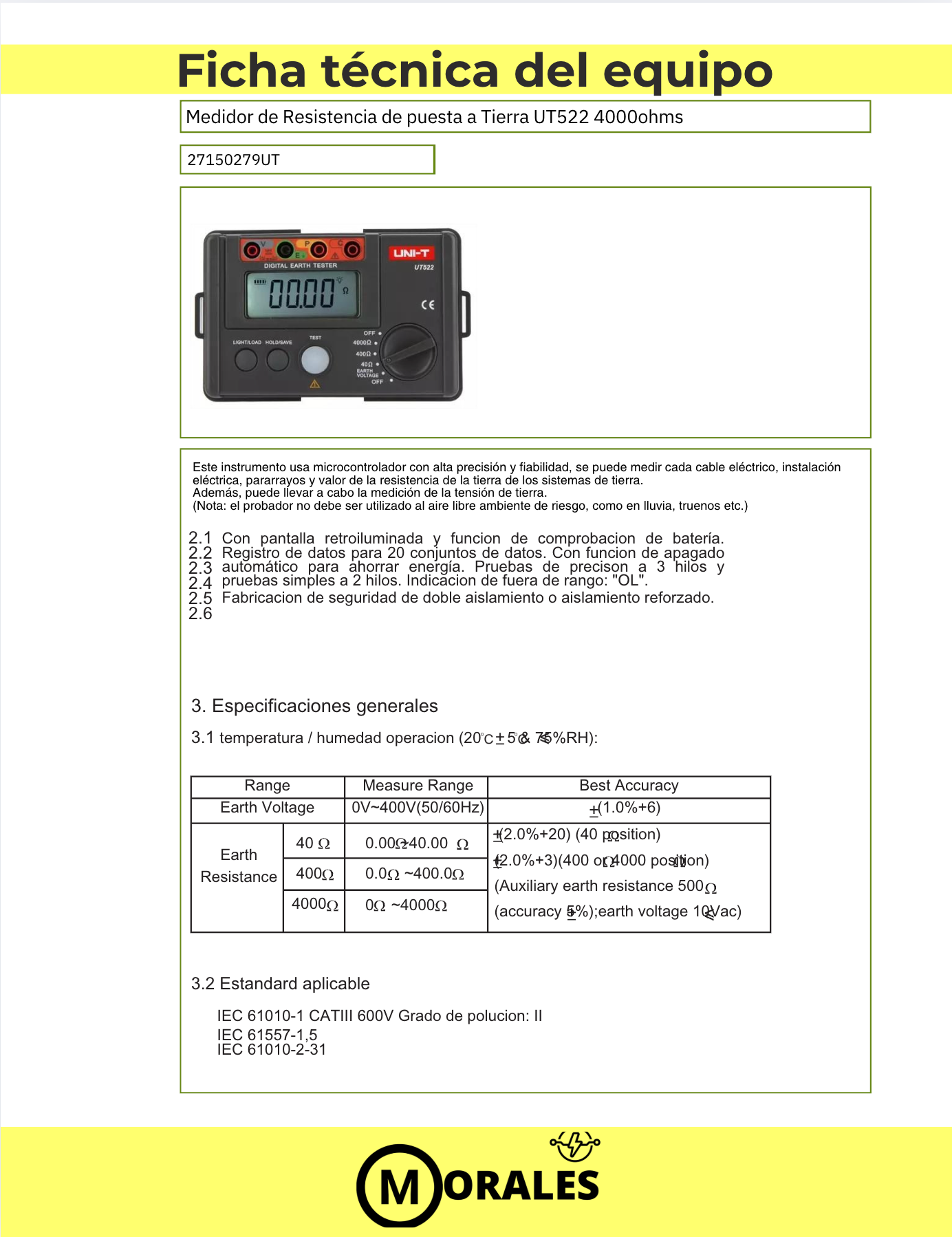 Medidor de Resistencia de Tierra 4000 Ω – UT522 27150279UT