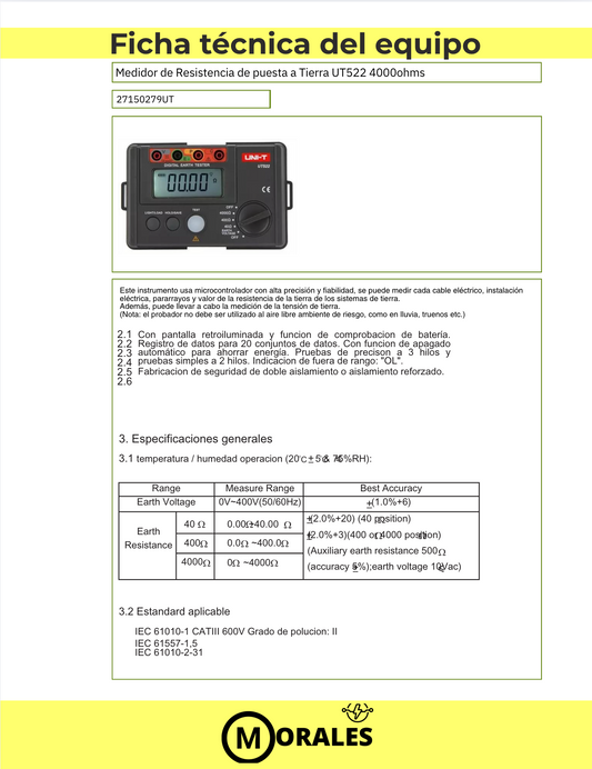 Medidor de Resistencia de Tierra 4000 Ω – UT522 27150279UT