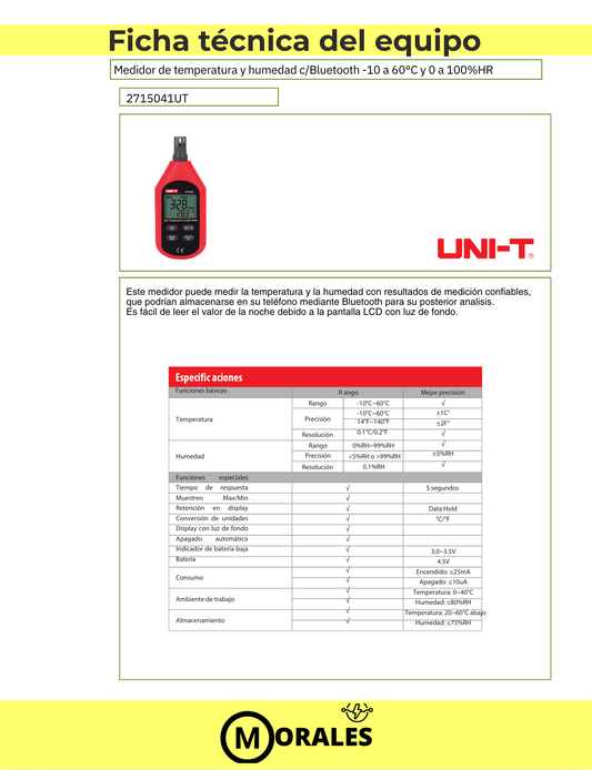 Medidor de Temperatura y Humedad con Bluetooth – UT333BT - 2715041UT