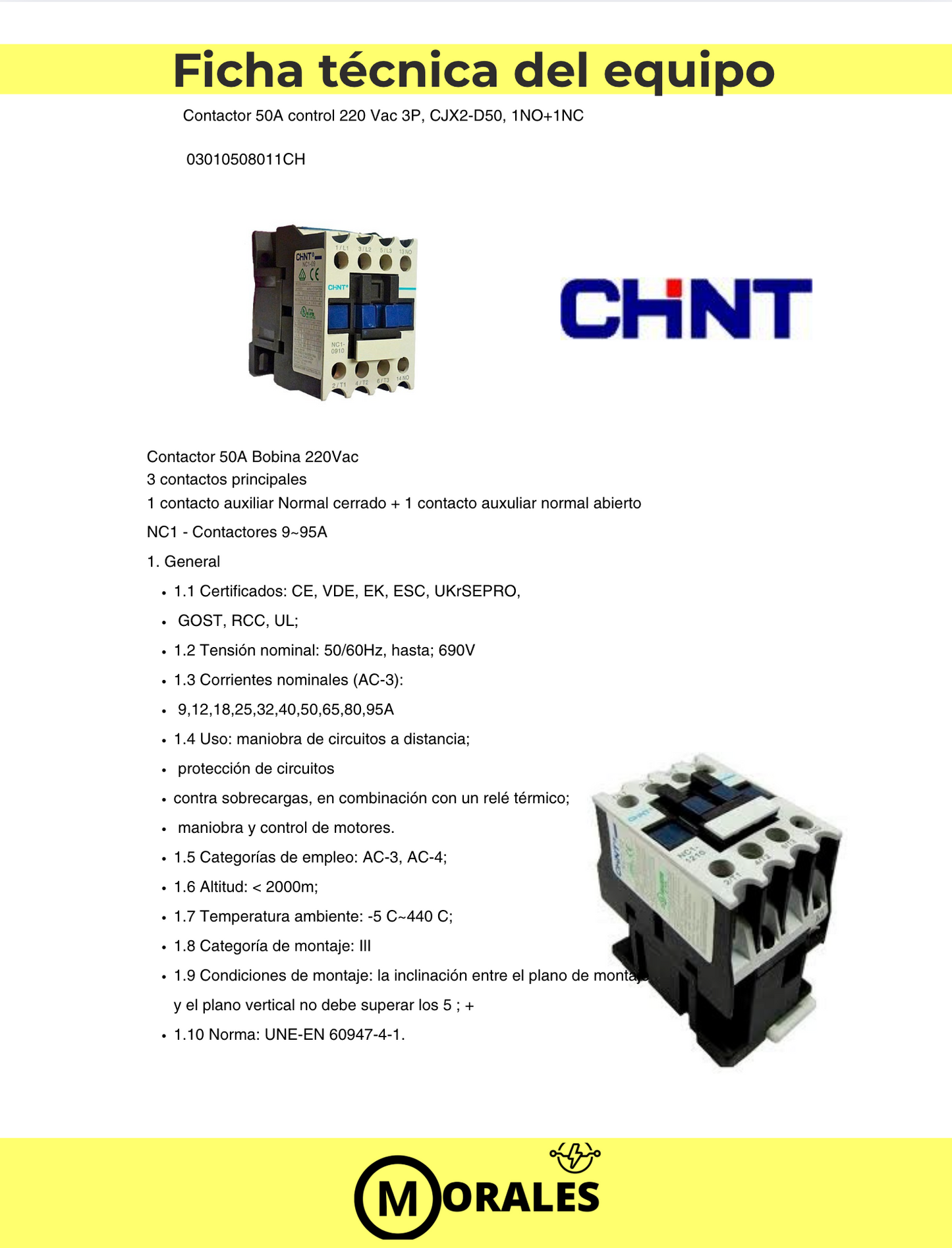 Contactor CHINT NC1-5011 – 50 A, 3P + 1NA + 1NC, 22 kW (AC-3/380 V), bobina 220 V AC