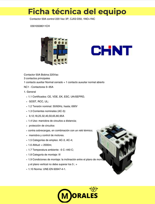 Contactor CHINT NC1-5011 – 50 A, 3P + 1NA + 1NC, 22 kW (AC-3/380 V), bobina 220 V AC