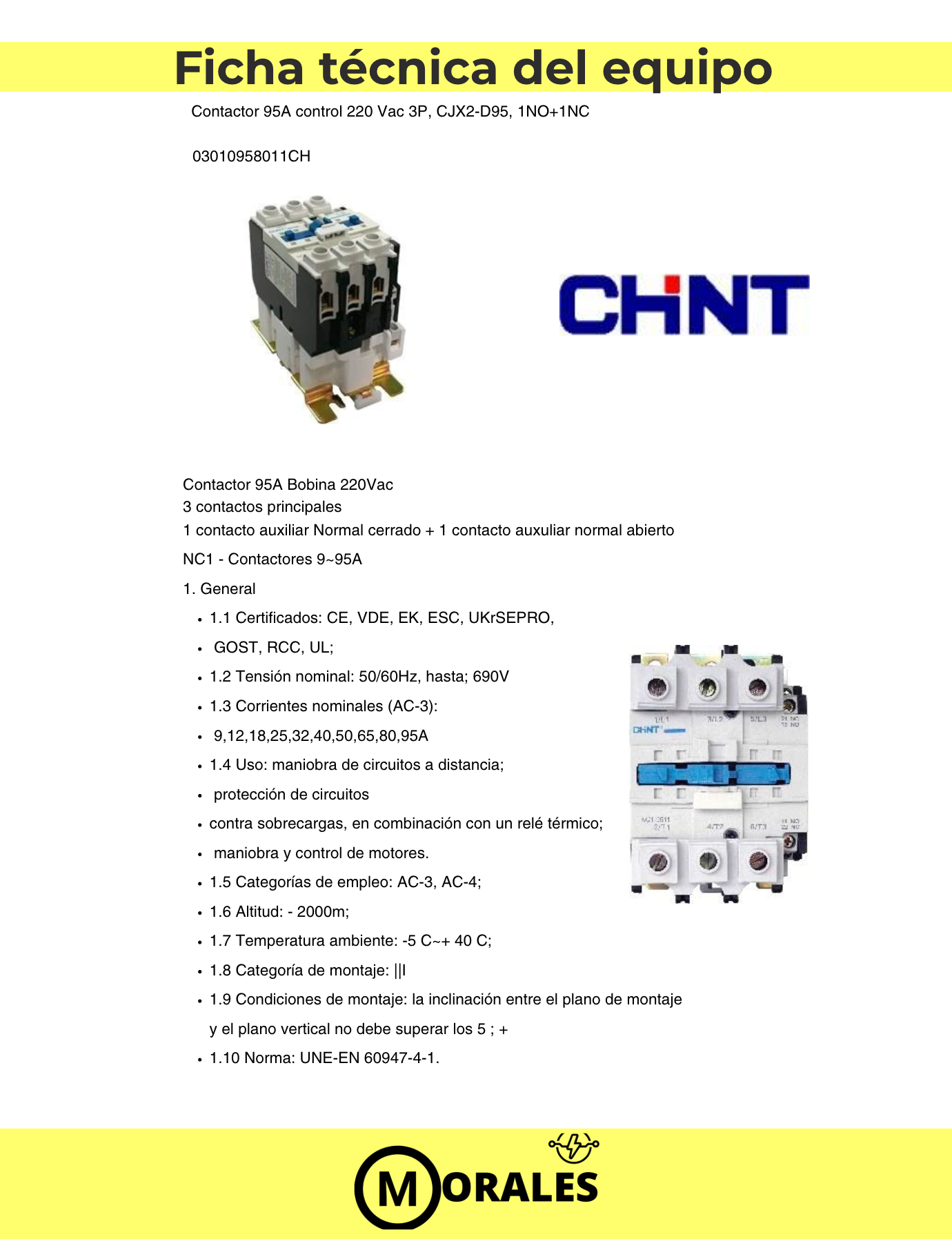 Contactor CHINT NC1-9511 – 95 A, 3P + 1NA + 1NC, 45 kW (AC-3/380 V), bobina 220 V AC