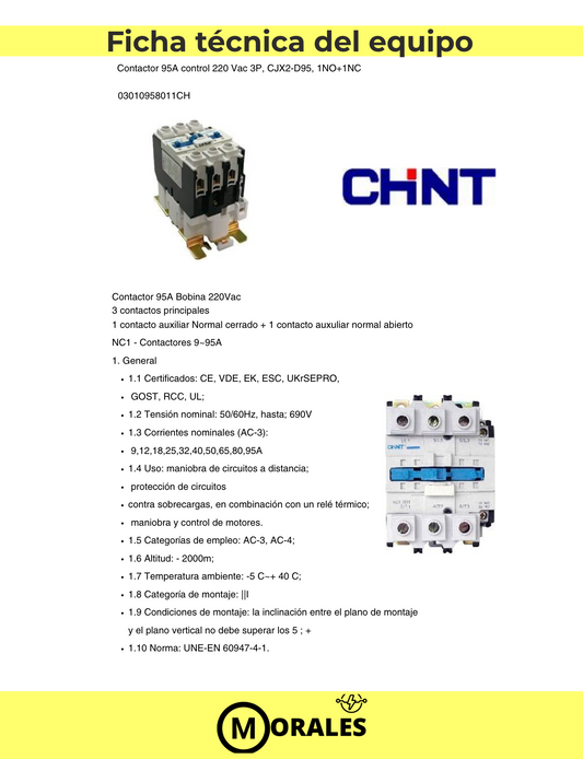 Contactor CHINT NC1-9511 – 95 A, 3P + 1NA + 1NC, 45 kW (AC-3/380 V), bobina 220 V AC