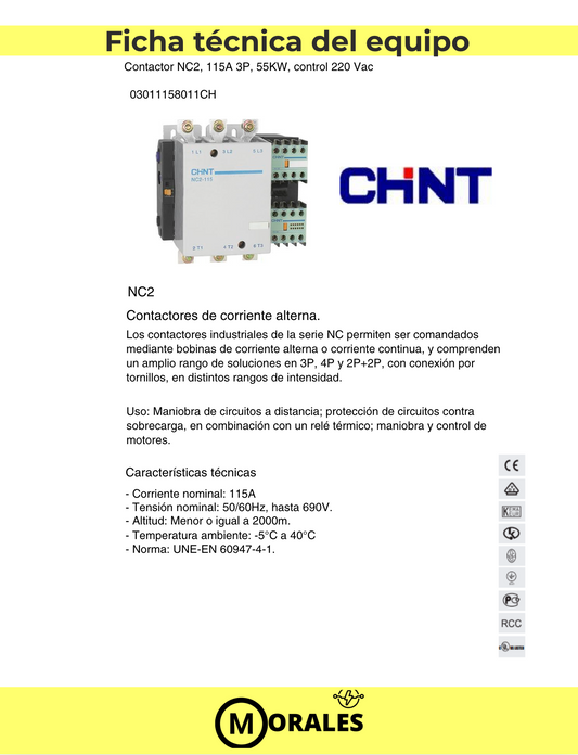 Contactor CHINT NC2-115 – 115 A, 3P, 55 kW (AC-3/380 V), bobina 220 V AC