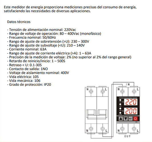 Protector Monofásico Fastelec 63A con Display V/A – Sobre/Bajo Voltaje – Código 050601263FHE