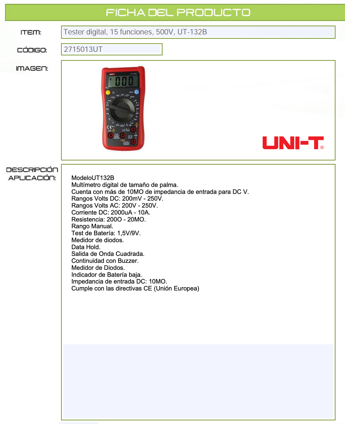 Tester Multímetro Digital UNI‑T UT‑132B 15 Funciones 500 V – UT‑132B 2715013UT