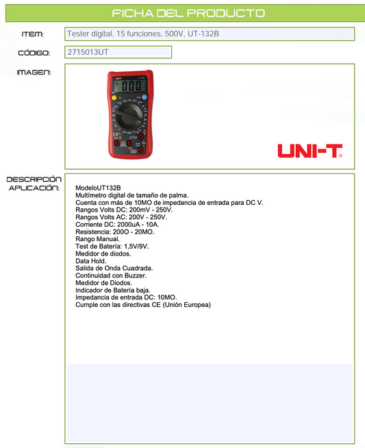 Tester Multímetro Digital UNI‑T UT‑132B 15 Funciones 500 V – UT‑132B 2715013UT