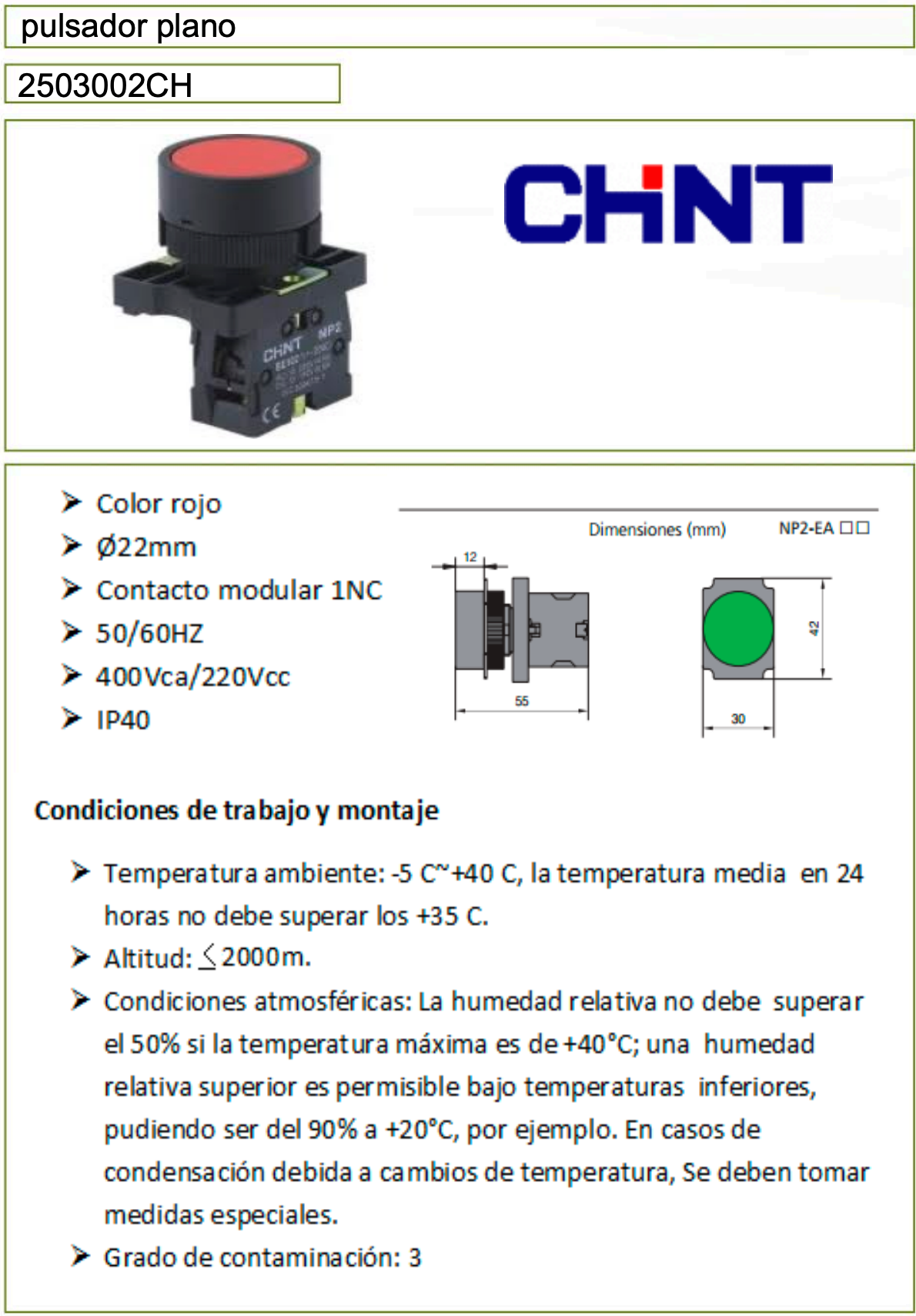 Pulsador plano rojo CHINT 1 NC Ø22 mm – Código 2503002CH