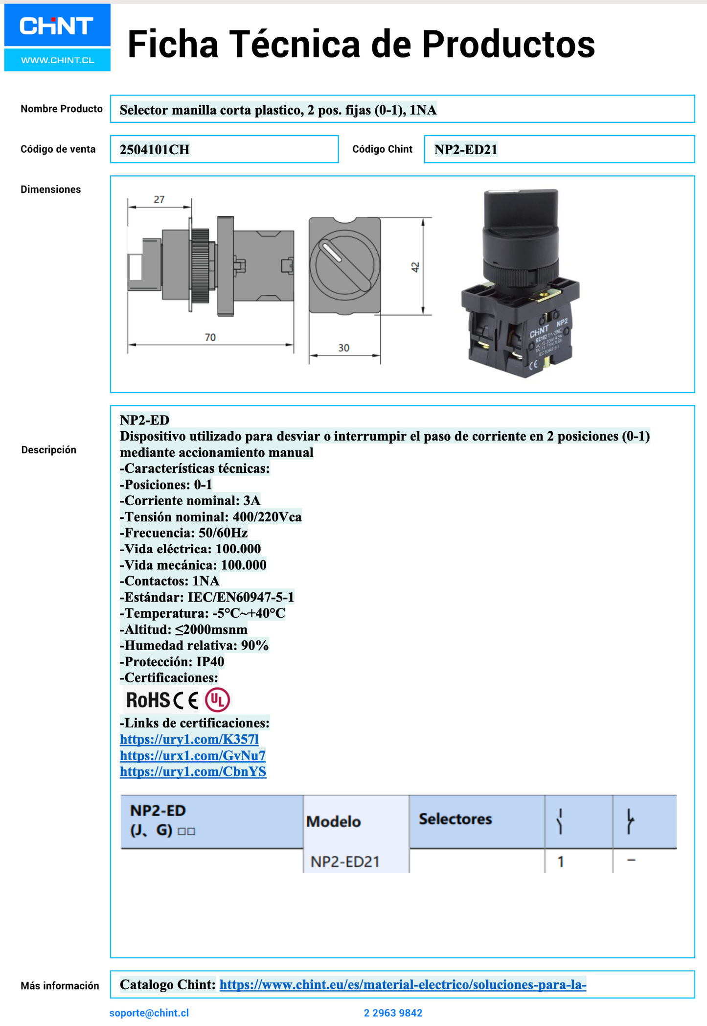 Selector manilla corta plástico CHINT 2 posiciones 0–1, 1 NA – Código 2504101CH