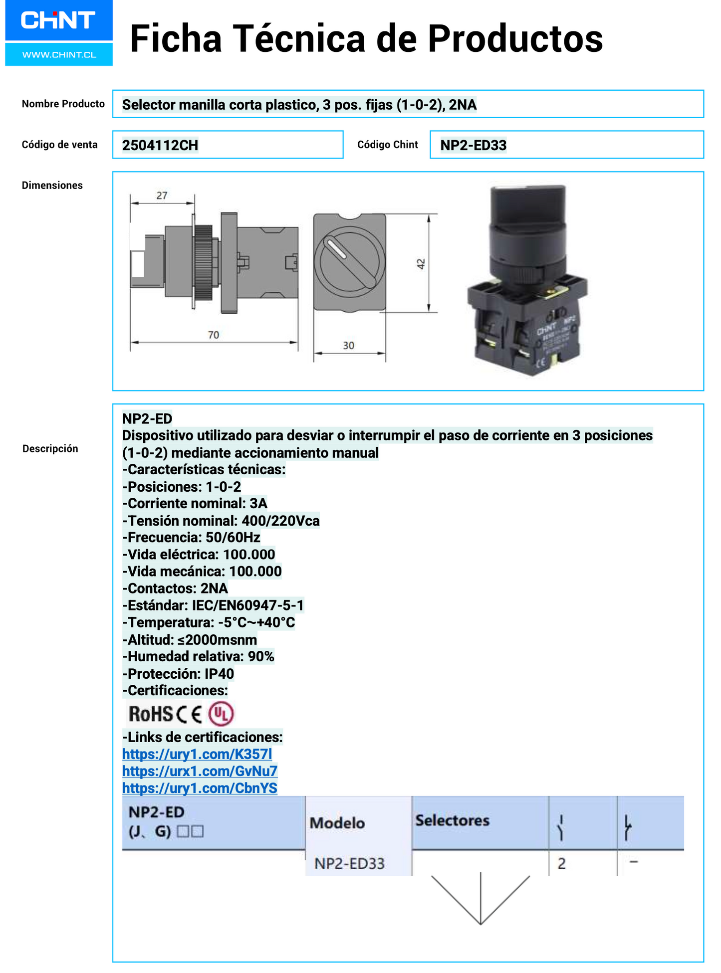 Selector manilla corta plástico CHINT 3 posiciones 1‑0‑2, 2 NA – Código 2504112CH