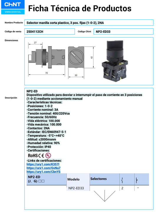 Selector manilla corta plástico CHINT 3 posiciones 1‑0‑2, 2 NA – Código 2504112CH