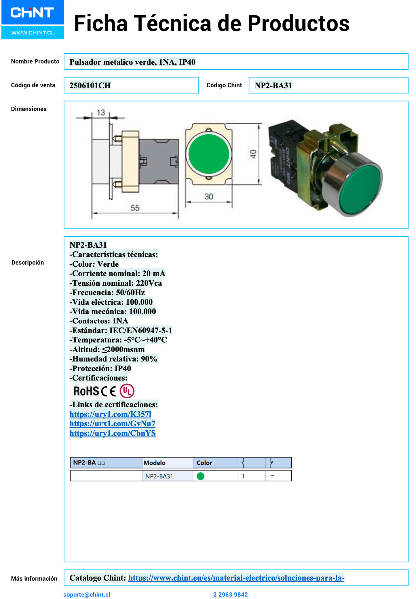 Pulsador metálico verde CHINT NP2‑BA31 1 NA Ø22 mm – Código 2504131CH