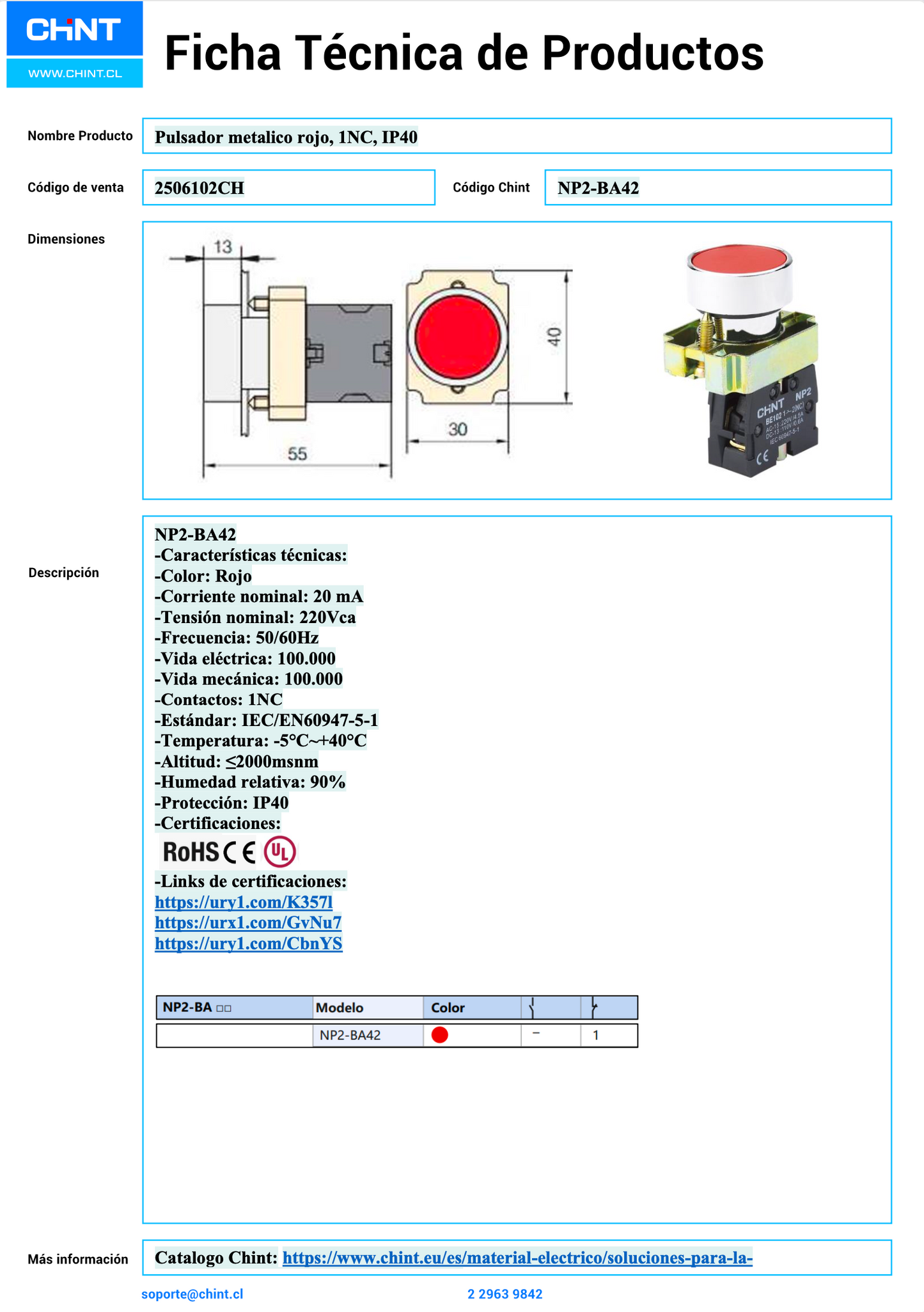 Pulsador metálico rojo CHINT NP2‑BA42 1 NC Ø22 mm – Código 2506102CH