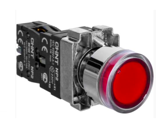 Pulsador luminoso metálico rojo CHINT NP2‑BW3462C 220 V LED 1 NC Ø22 mm – Código 2506112CH