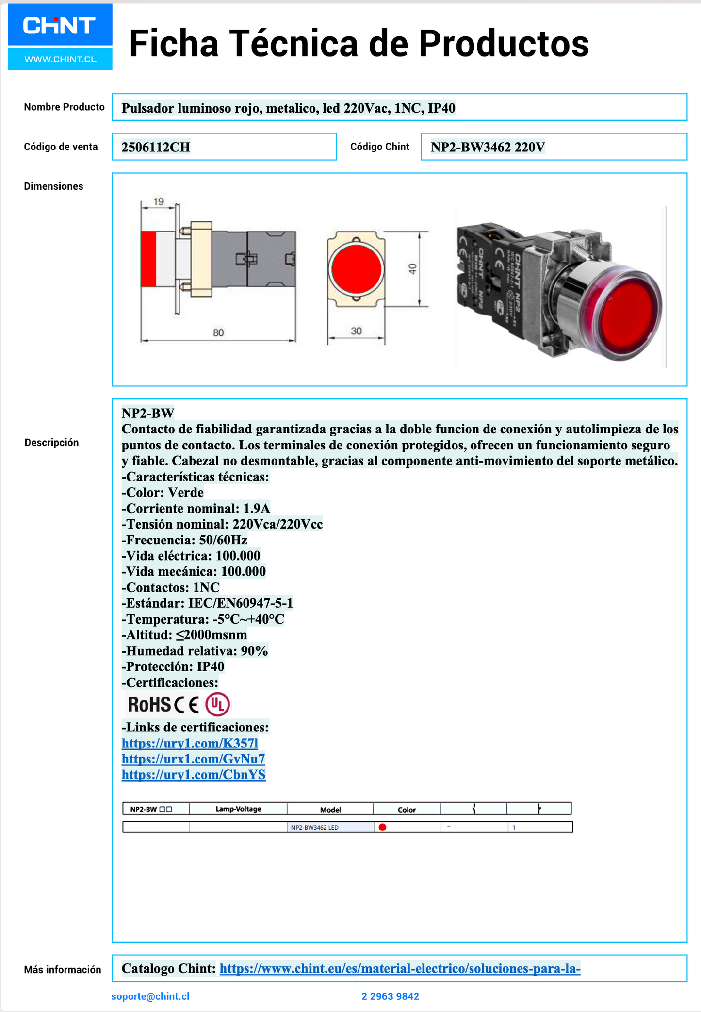 Pulsador luminoso metálico rojo CHINT NP2‑BW3462C 220 V LED 1 NC Ø22 mm – Código 2506112CH