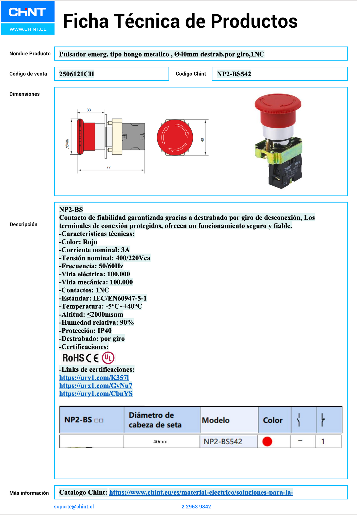 Pulsador de emergencia CHINT hongo Ø40 mm, giro para destrabar, 1 NC – Código 2506121CH